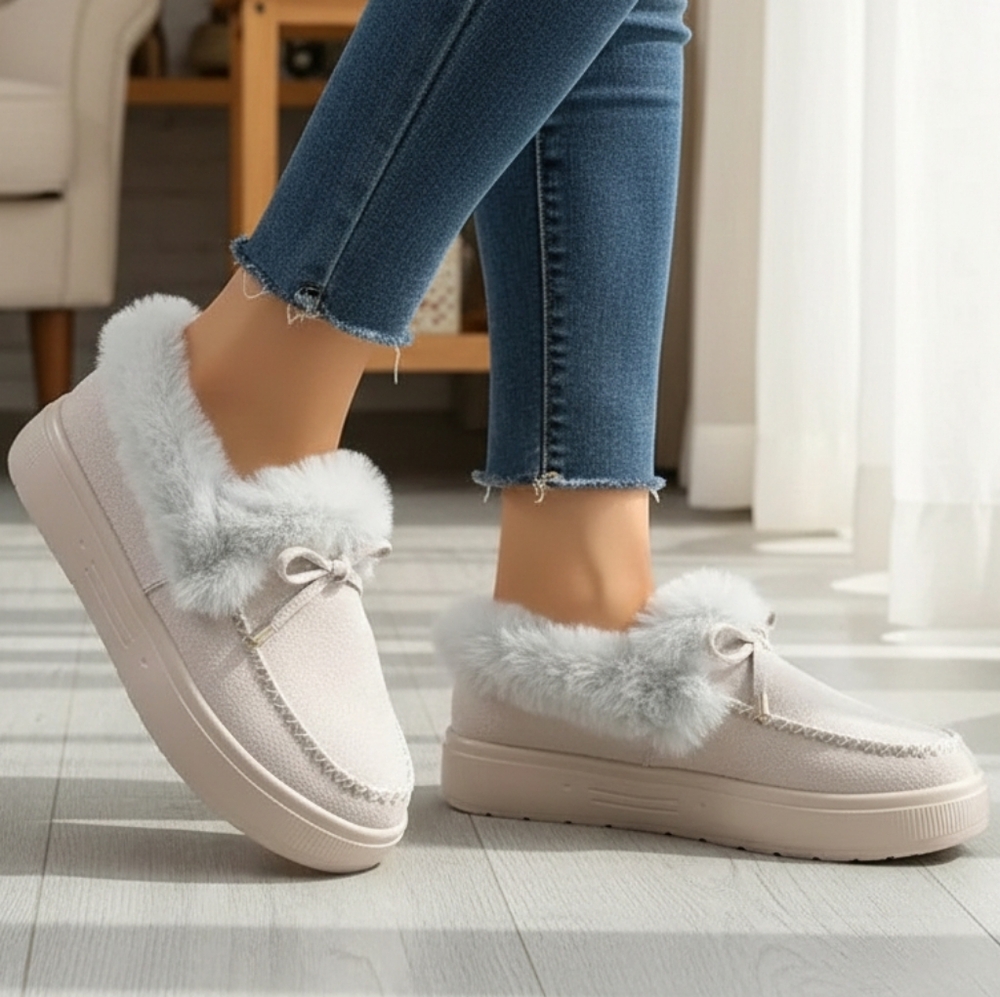 Bow Top Plush Faux Fur Loafers Slip-On Moccasin Soft Flat Outdoor House Shoes